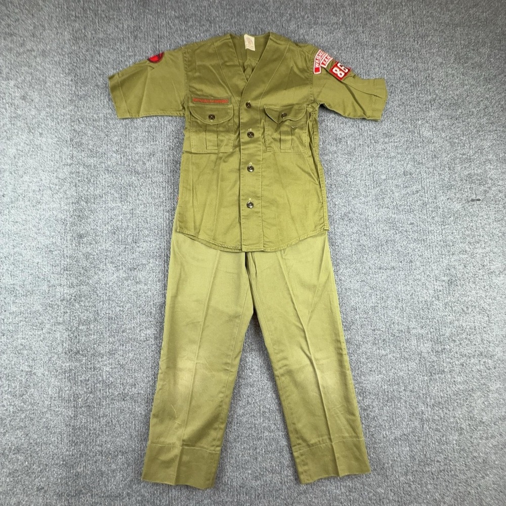 Vintage Boy Scouts Of America Uniform Set Boys 8 Green Twill Shirt Pants Patches